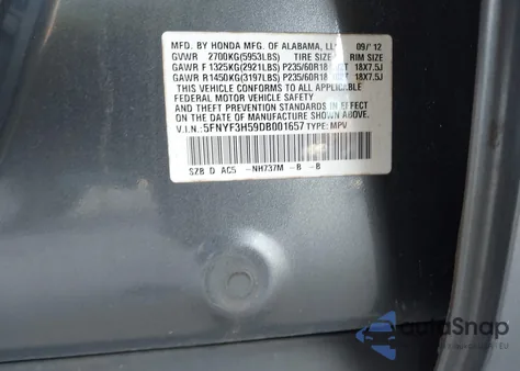 2013 Honda Pilot Ex-L из США, поврежденный, VIN 5FNYF3H59DB001657